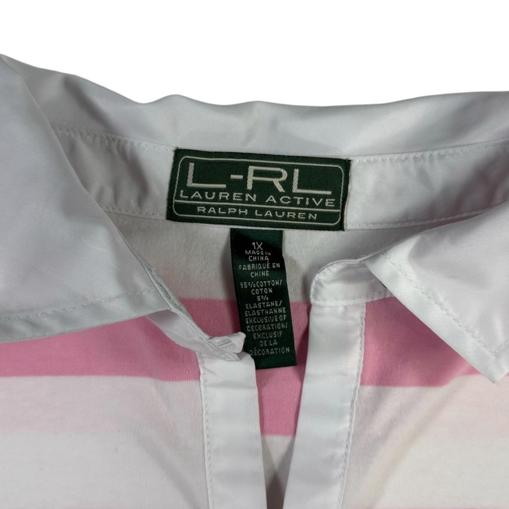 Lauren Ralph Lauren Polo Active Shirt 1X Pink White Striped V-Neck Preppy Golf - Picture 6 of 7